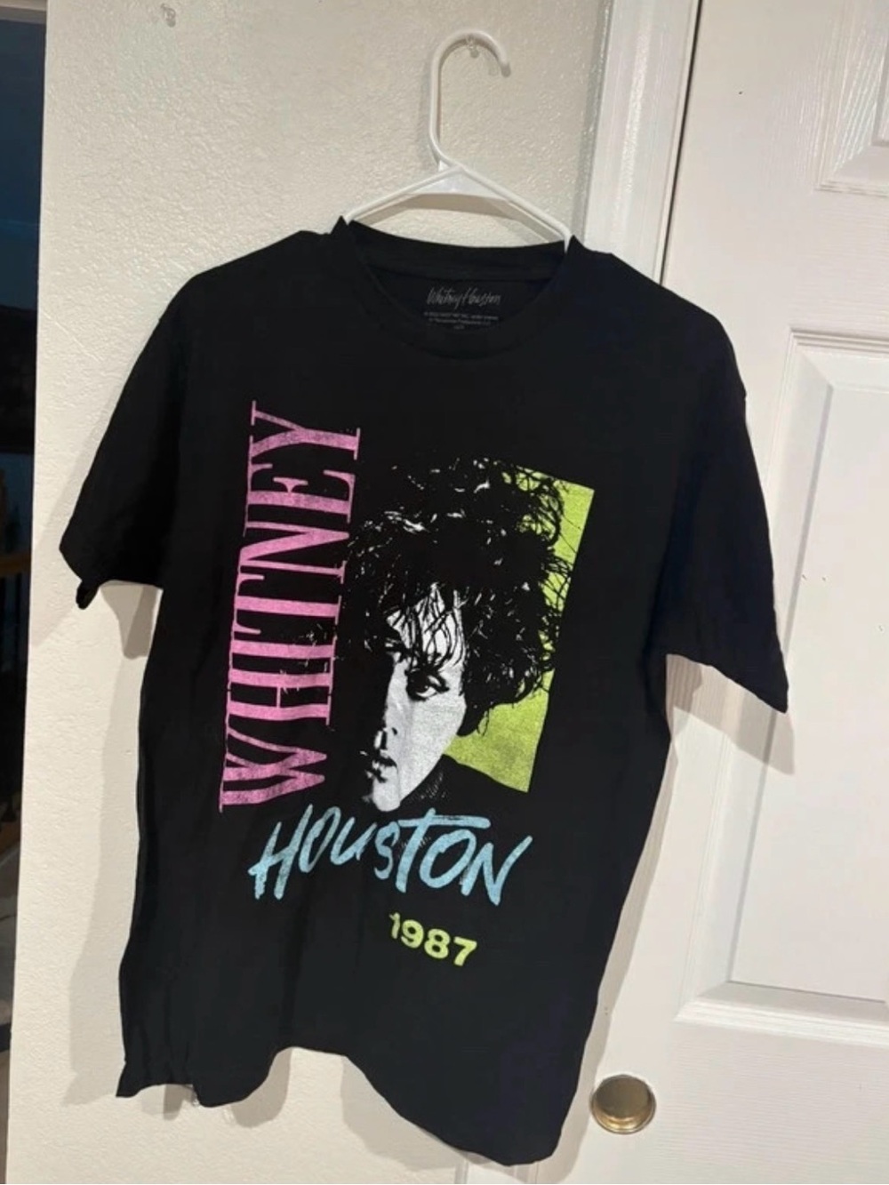 Whitney Houston 1987 Black Graphic Tee with Pink & Blue Accent